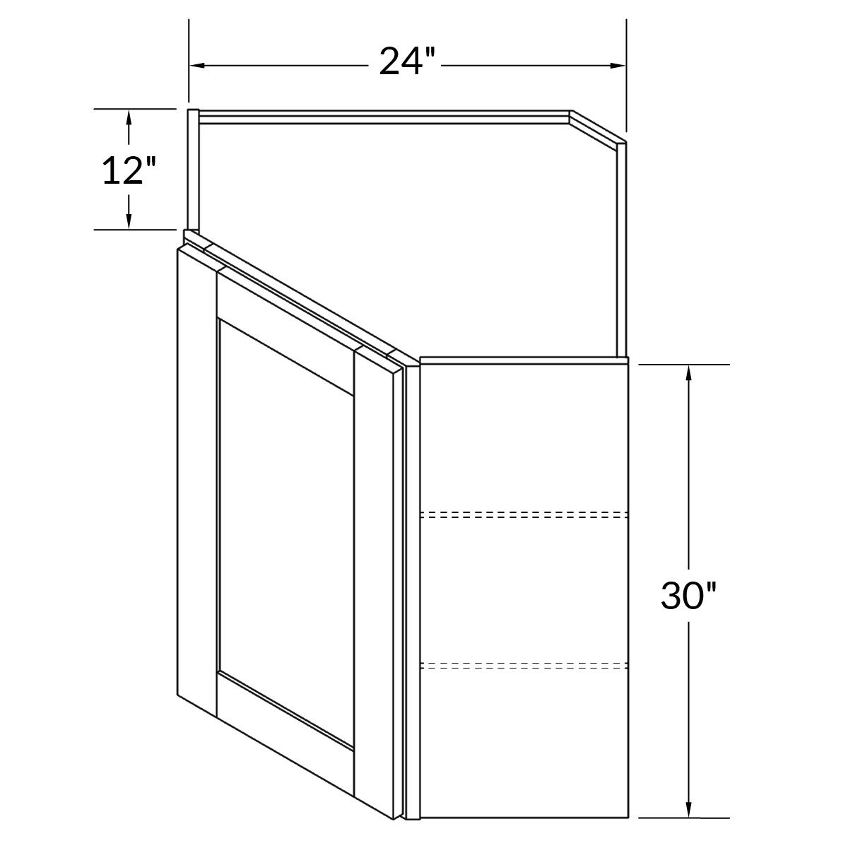 Diagonal Corner Kitchen Cabinet DC2430 Milan Pearl LessCare 24 in. width 30 in. height 12 in. depth