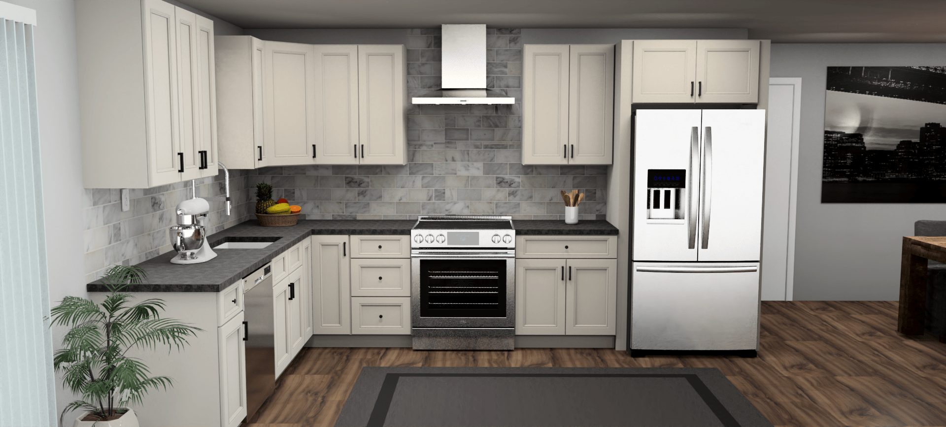Fabuwood Allure Fusion Dove 9 x 13 L Shaped Kitchen Front Layout Photo