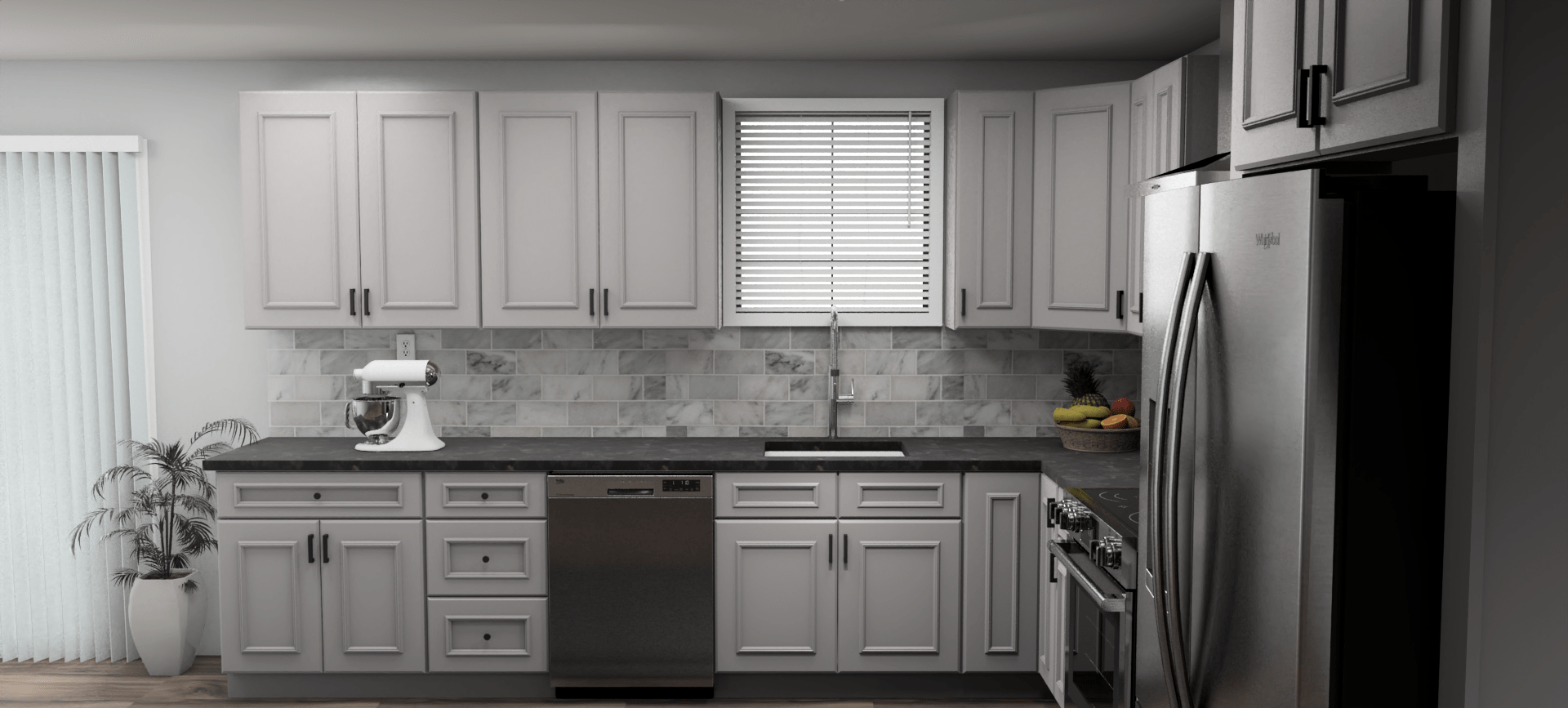 Fabuwood Allure Imperio Nickel 12 x 12 L Shaped Kitchen Side Layout Photo