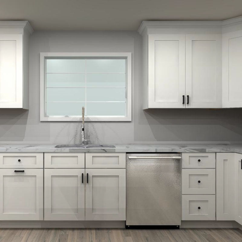 Fabuwood Allure Galaxy Frost 143 by 150 in. L Shaped Kitchen with Island and 36 in. Double Sink