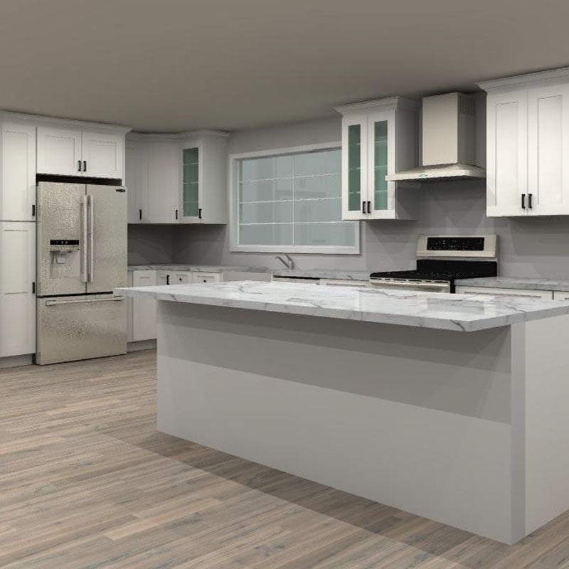 Fabuwood Allure Galaxy Frost 93 by 240 in. L Shaped Kitchen with Island and 30 in. Farmhouse Sink