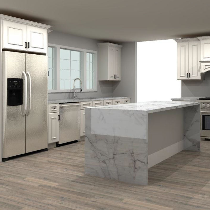 Fabuwood Allure Imperio Dove 156 by 108 by 57 in. U Shaped Kitchen with Island and 33 in. Double Sink