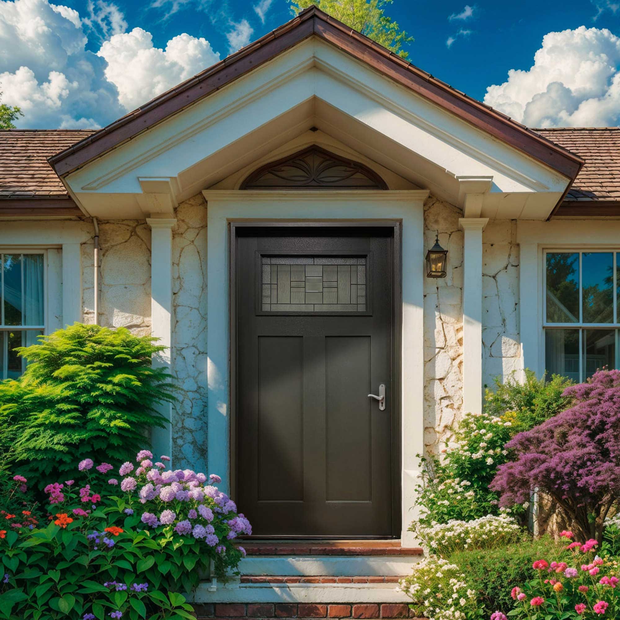 4 Lite Decorative Glass Painted Black Prehung Fiberglass Exterior Door with Brickmold