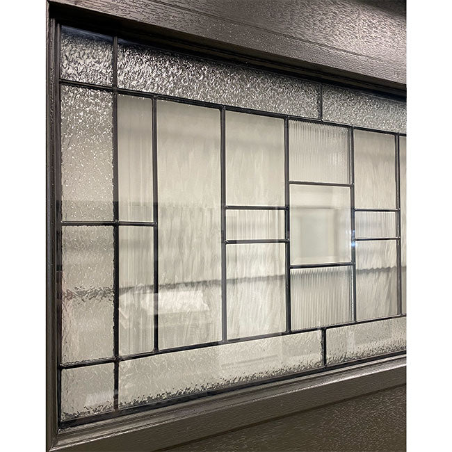 4 Lite Decorative Glass Stained Dark Walnut Prehung Fiberglass Exterior Door with Brickmold