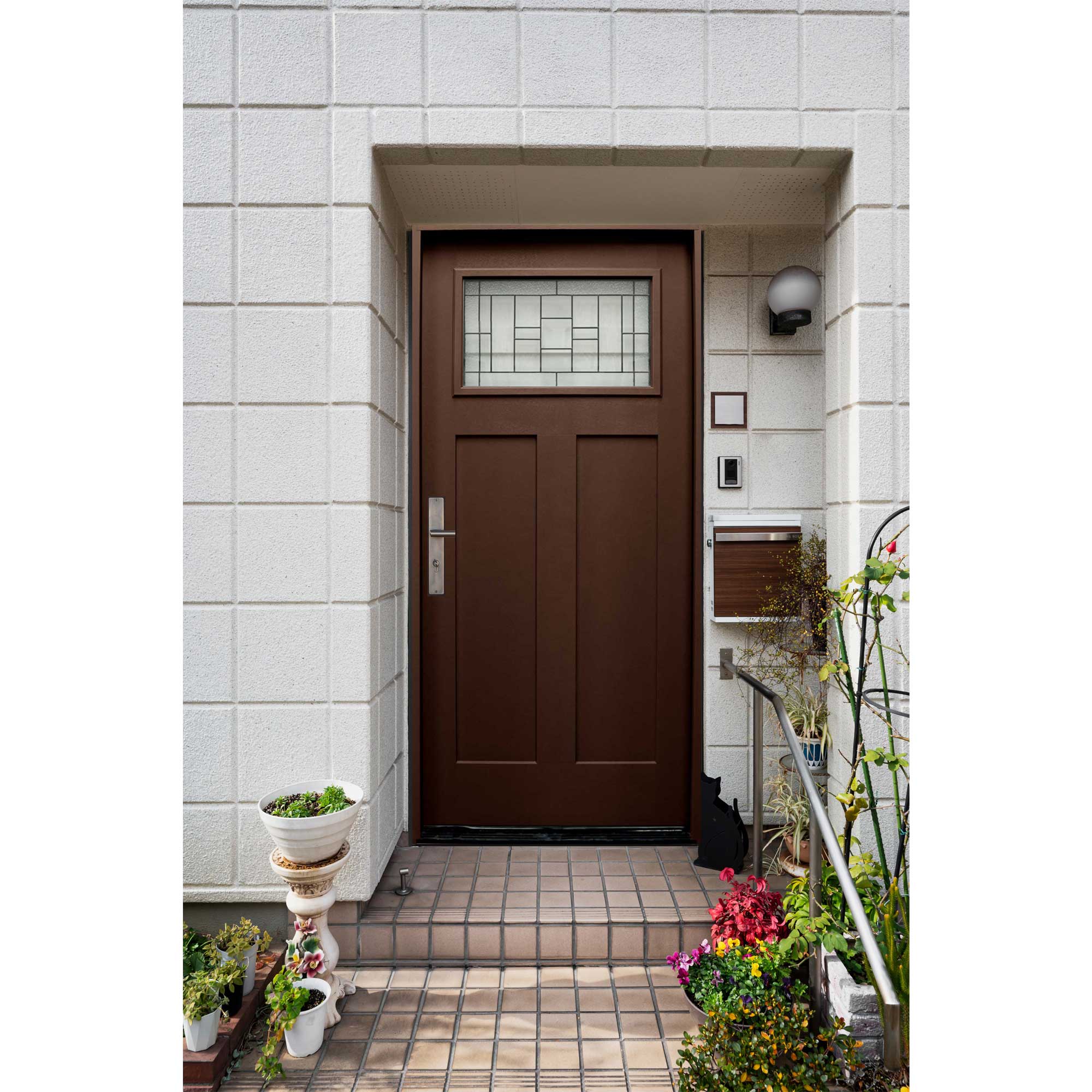 4 Lite Decorative Glass Stained Dark Walnut Prehung Fiberglass Exterior Door with Brickmold