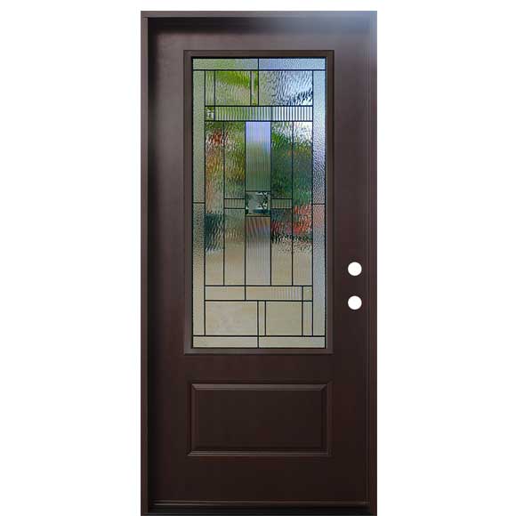 4 Lite Decorative Glass Stained Dark Walnut Prehung Fiberglass Exterior Door with Brickmold