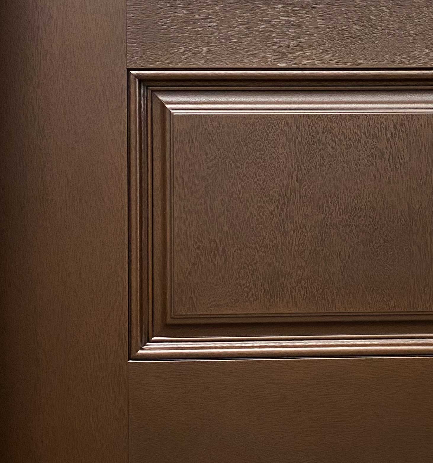 4 Lite Decorative Glass Stained Dark Walnut Prehung Fiberglass Exterior Door with Brickmold
