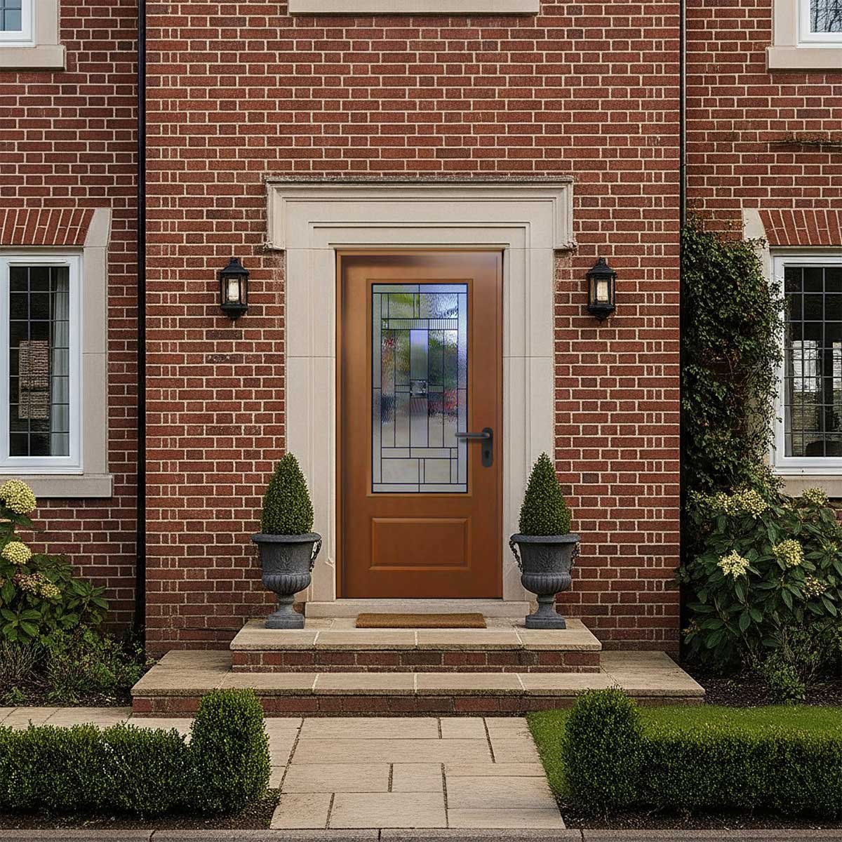 4 Lite Decorative Glass Stained Light Brown Prehung Fiberglass Exterior Door with Brickmold