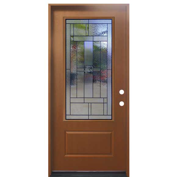 4 Lite Decorative Glass Stained Light Brown Prehung Fiberglass Exterior Door with Brickmold