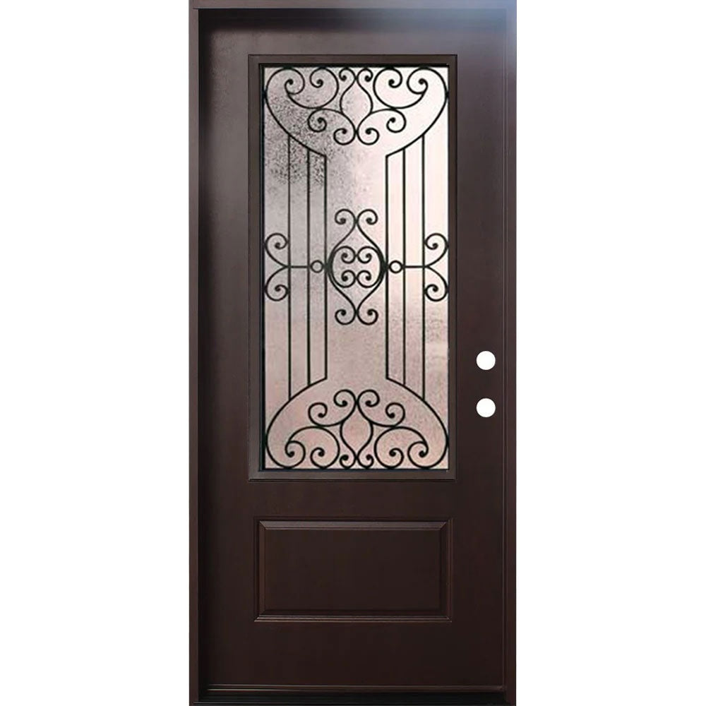 4 Lite Decorative Glass Stained Dark Walnut Prehung Fiberglass Exterior Door with Brickmold