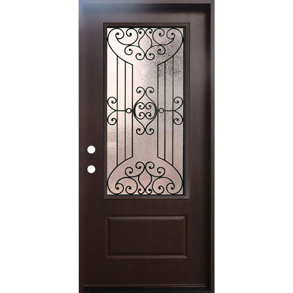 4 Lite Decorative Glass Stained Dark Walnut Prehung Fiberglass Exterior Door with Brickmold