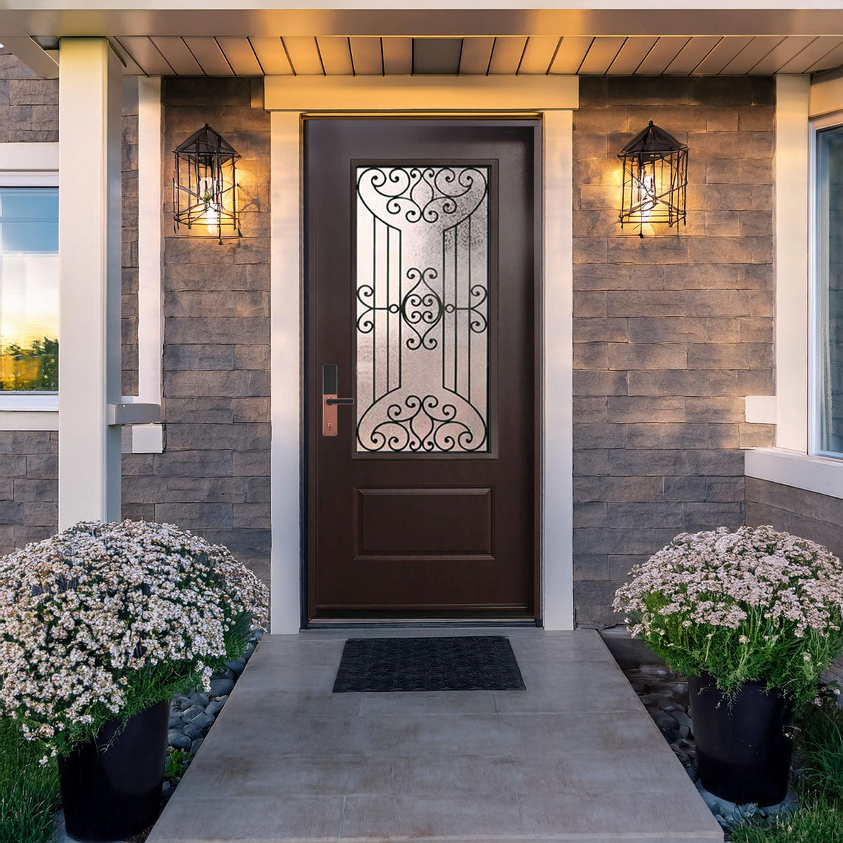 4 Lite Decorative Glass Stained Dark Walnut Prehung Fiberglass Exterior Door with Brickmold