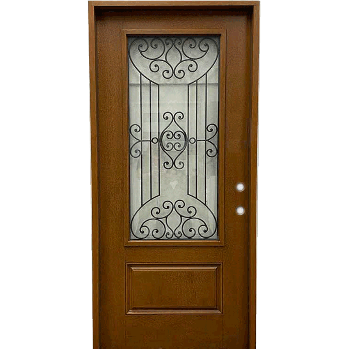 4 Lite Decorative Glass Stained Light Brown Prehung Fiberglass Exterior Door with Brickmold