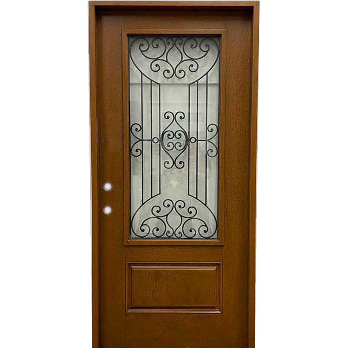 4 Lite Decorative Glass Stained Light Brown Prehung Fiberglass Exterior Door with Brickmold