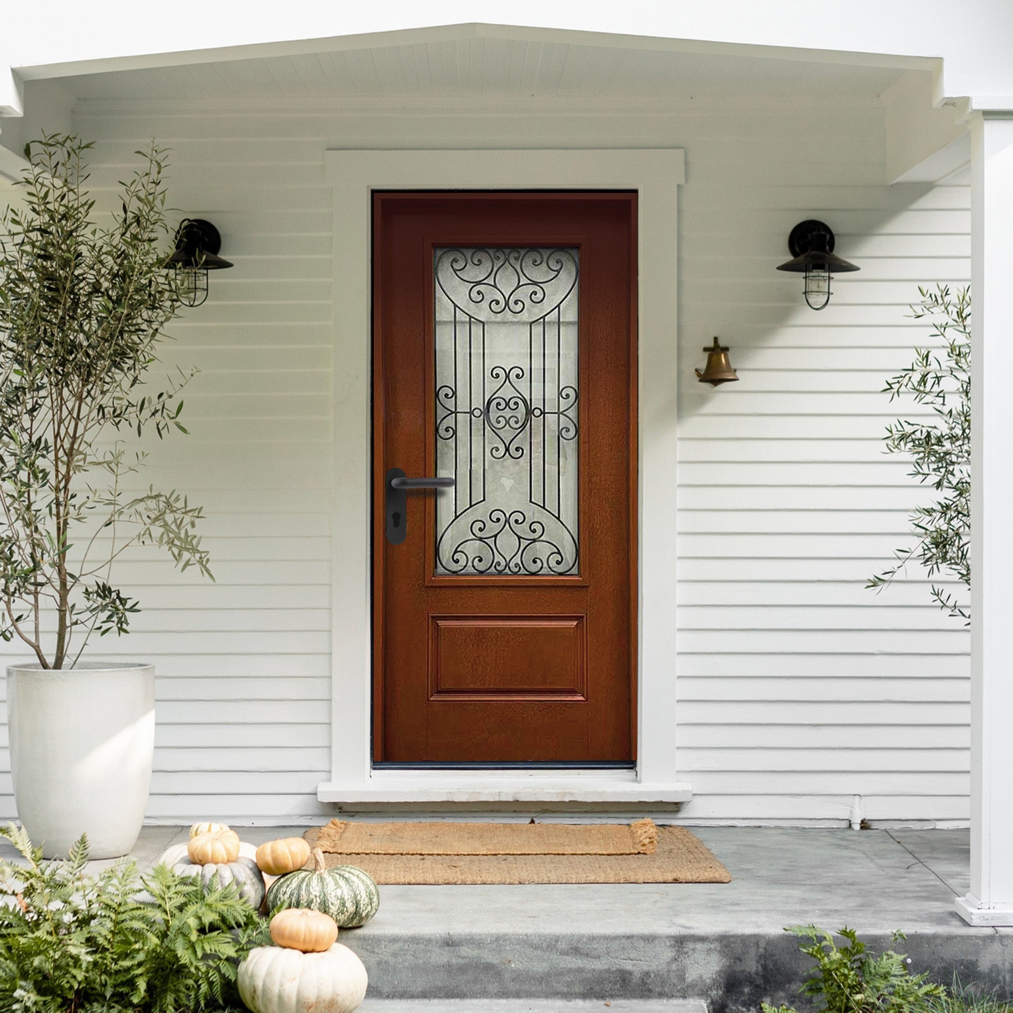 4 Lite Decorative Glass Stained Light Brown Prehung Fiberglass Exterior Door with Brickmold