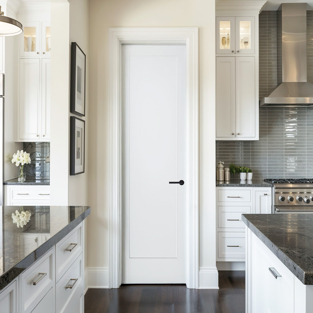 18 in x 80 in White 1-Panel Shaker Solid Core Primed MDF Prehung Interior Door with Black Hinges