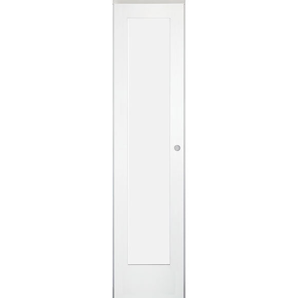 18 in x 80 in White 1-Panel Shaker Solid Core Primed MDF Prehung Interior Door with Black Hinges
