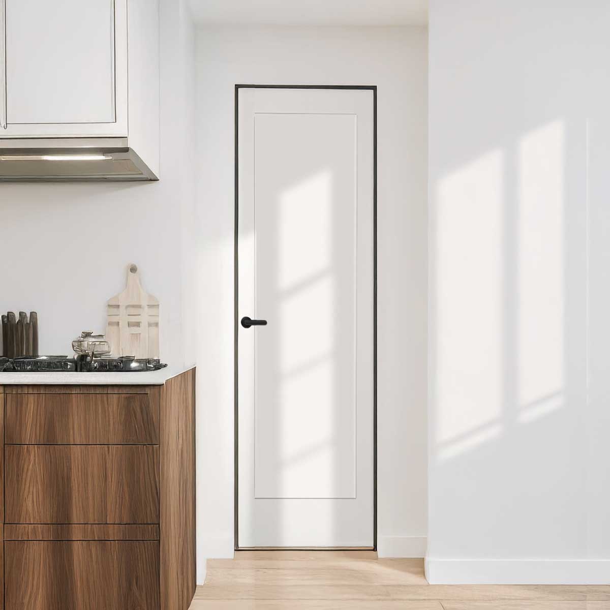 18 in x 80 in White 1-Panel Shaker Solid Core Primed MDF Prehung Interior Door with Black Hinges