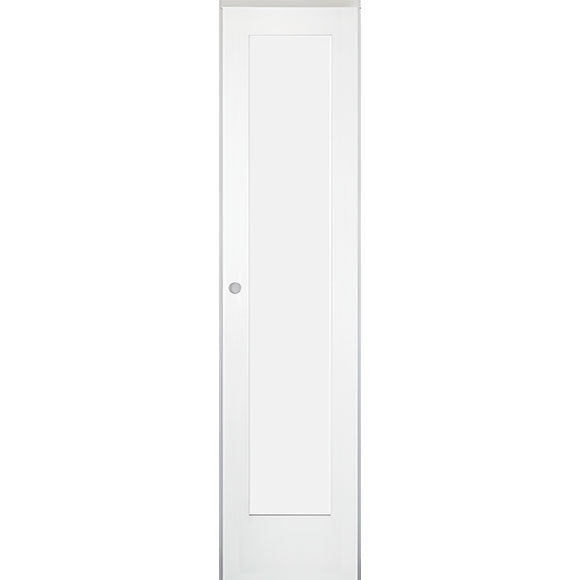 18 in x 80 in White 1-Panel Shaker Solid Core Primed MDF Prehung Interior Door with Black Hinges