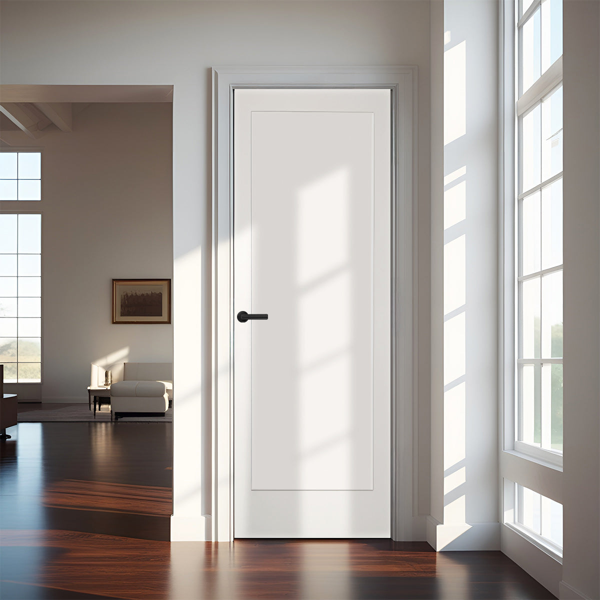 24 in x 80 in White 1-Panel Shaker Solid Core Primed MDF Prehung Interior Door with Black Hinges