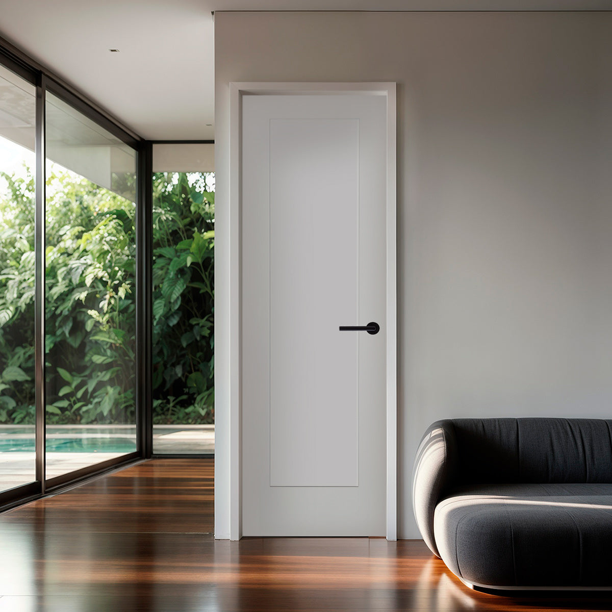 28 in x 80 in White 1-Panel Shaker Solid Core Primed MDF Prehung Interior Door with Black Hinges