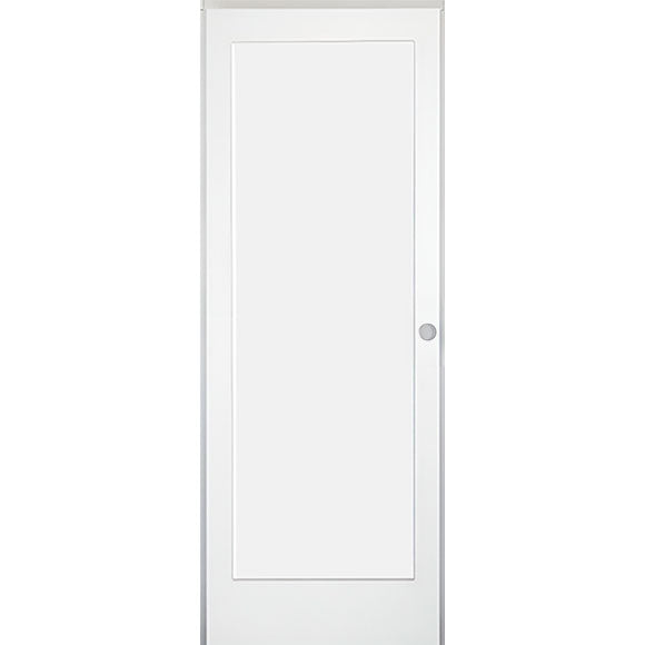 28 in x 80 in White 1-Panel Shaker Solid Core Primed MDF Prehung Interior Door with Black Hinges