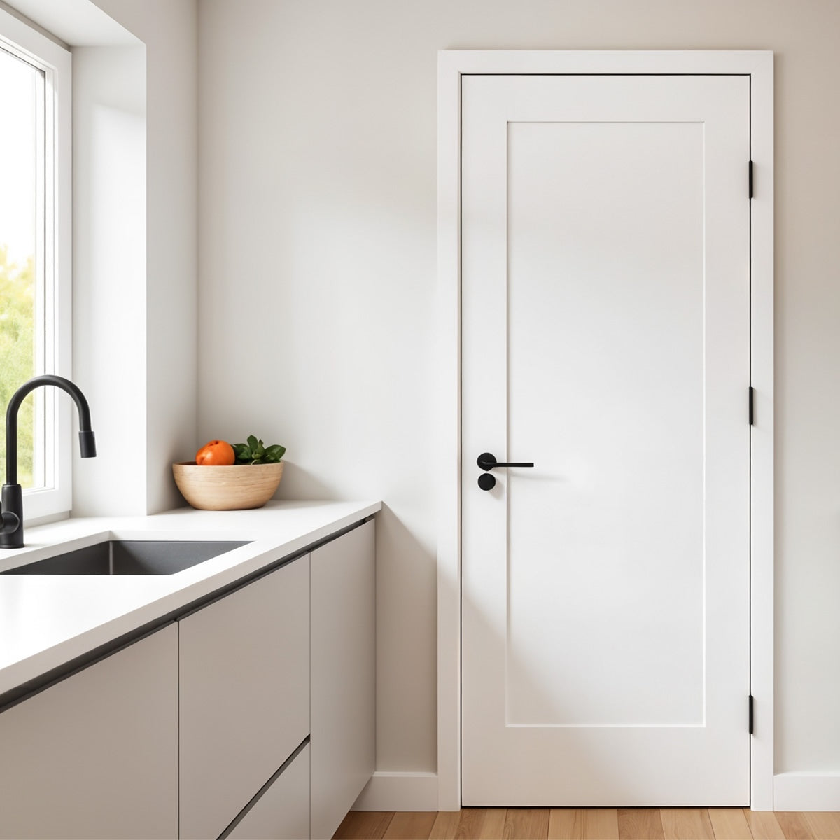 30 in x 80 in White 1-Panel Shaker Solid Core Primed MDF Prehung Interior Door with Black Hinges