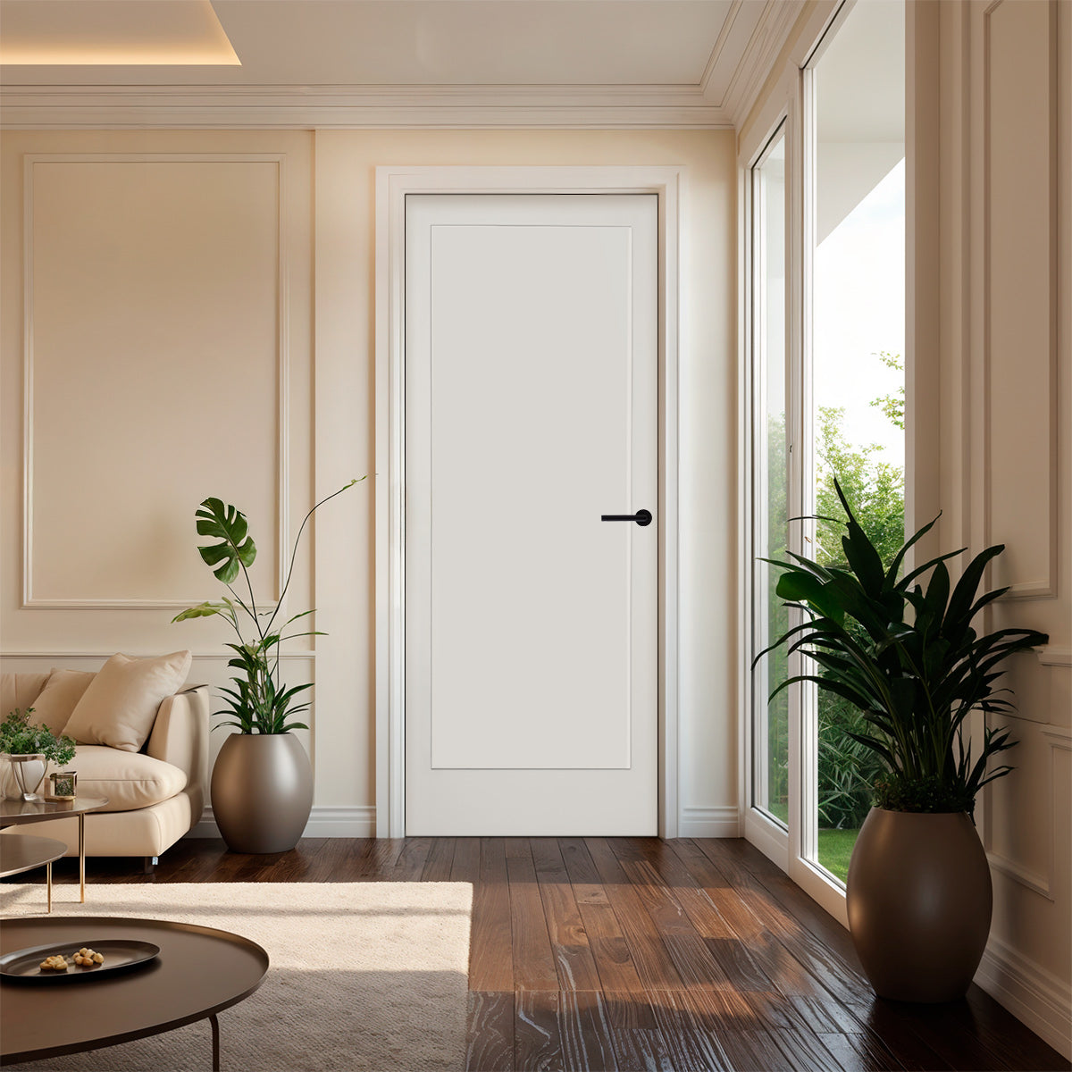 32 in x 80 in White 1-Panel Shaker Solid Core Primed MDF Prehung Interior Door with Black Hinges