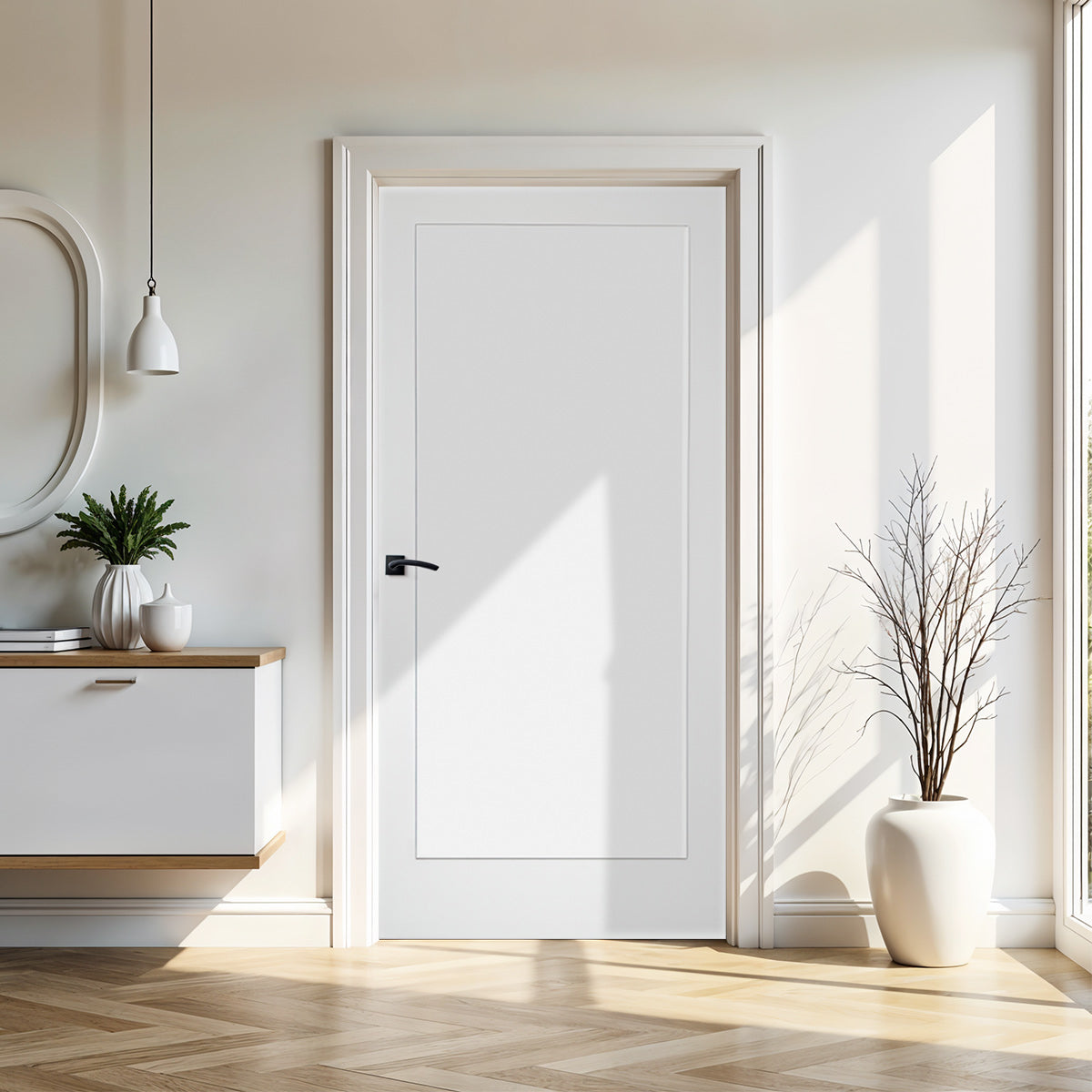 36 in x 80 in White 1-Panel Shaker Solid Core Primed MDF Prehung Interior Door with Black Hinges