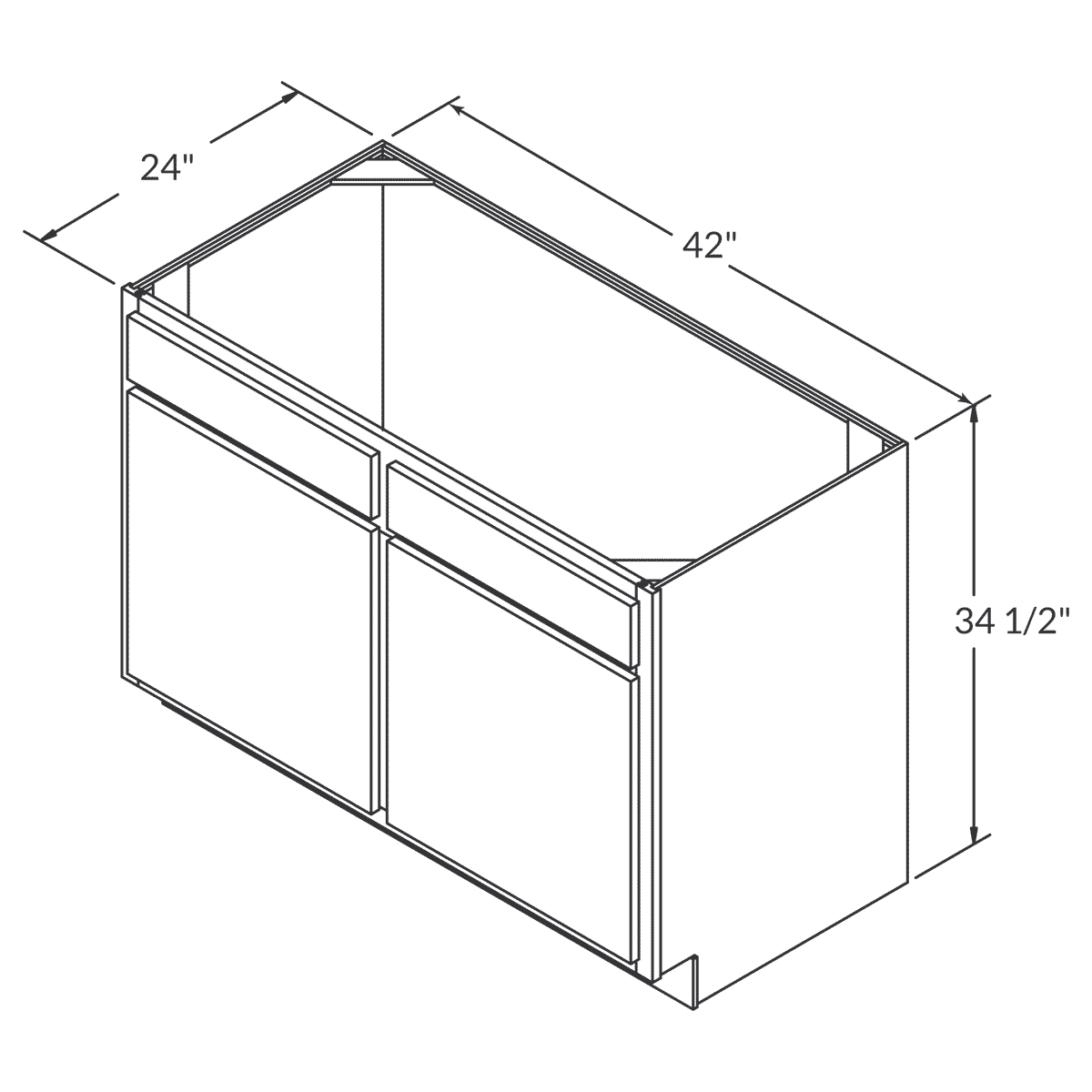 LessCare Colonial Gray Sink Base 42"W Shaker Cabinet Wireframe