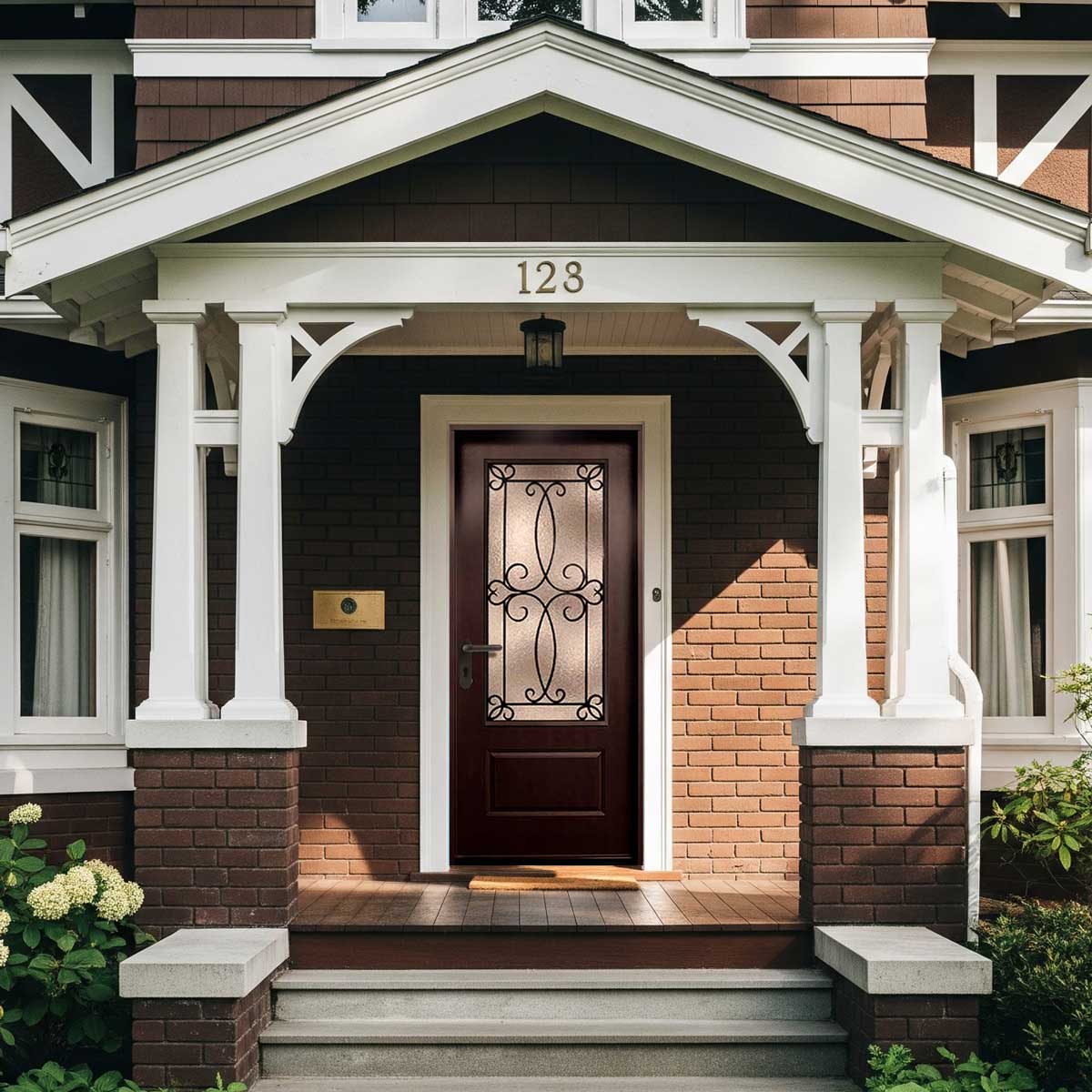 4 Lite Decorative Glass Stained Dark Walnut Prehung Fiberglass Exterior Door with Brickmold